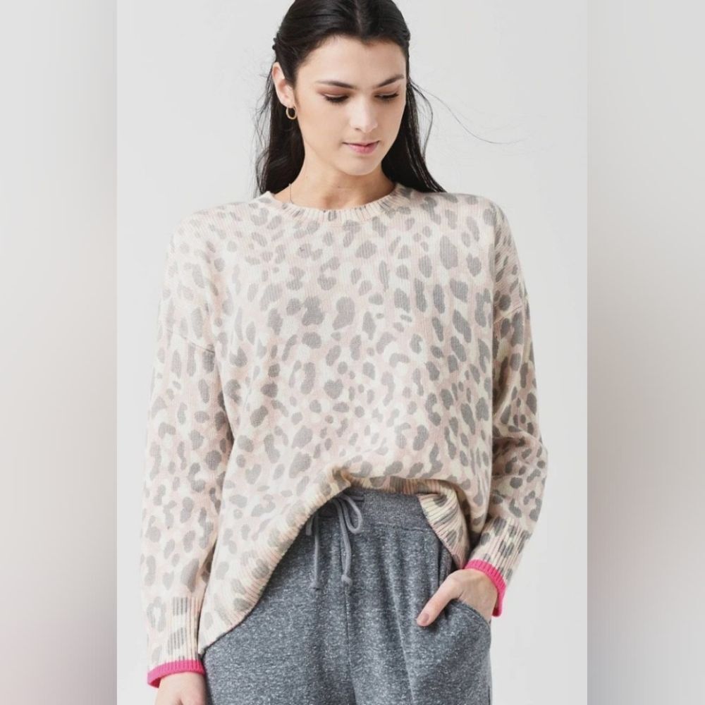 Sundry Cheetah Print Cozy Preppy Academia Neutral Cashmere Merino Wool Sweater M